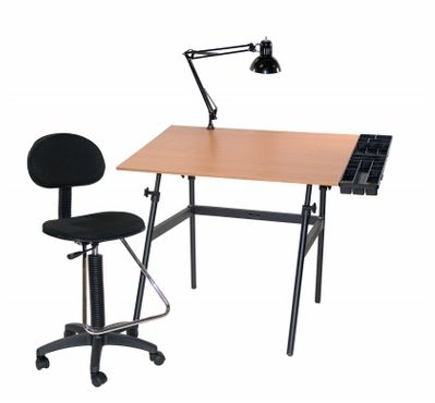 Berkeley  4-pc Combo Black w/ Cherrywood Top, Tray Lamp and Drafting Ht. Chair.