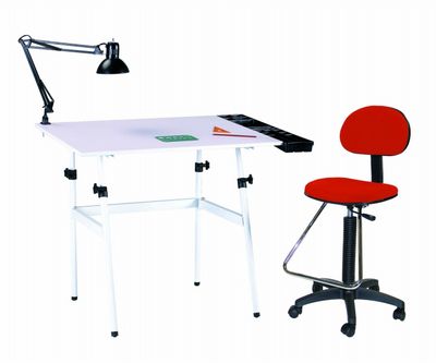 Berkeley 4-pc Combo White w/ White Top, Tray Lamp and Drafting Ht. RED Chair 4-pc Combo