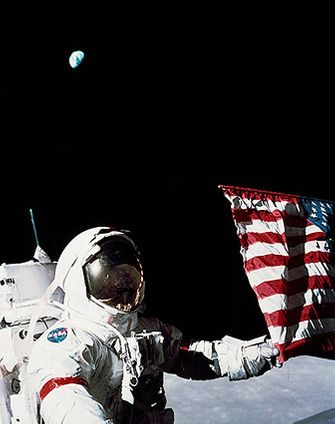 Apollo 17 Eugene Cernan w/ US Flag & Earth Photo Print