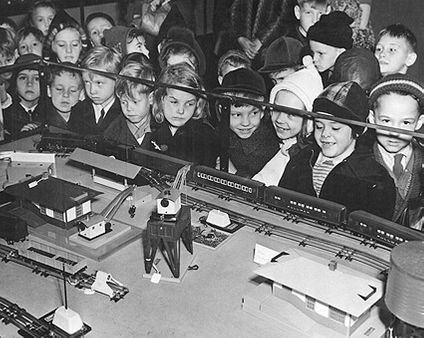 Children w/ Toy Train Set Christmas 1950's Photo Print