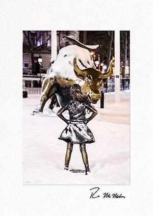 Fearless Girl and Charging Bull in Snow Wall Street Boxed Fine Art Holiday Cards