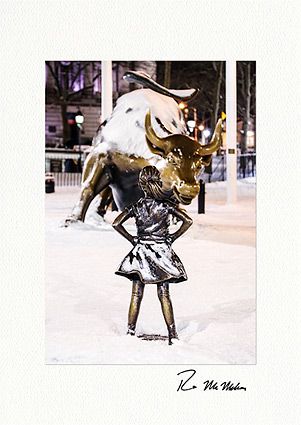 Fearless Girl and Charging Bull in Snow Wall Street Holiday Cards
