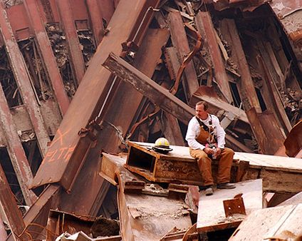 Firefighter Sitting on Metal Beam 9/11 Photo Print