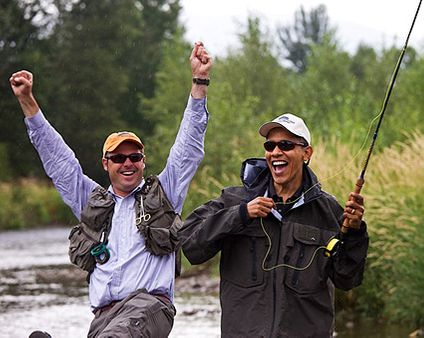 President Barack Obama Fly Fishing with Guide in Montana Photo Print