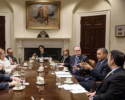 President Barack Obama with Congressional Hispanic Caucus Photo Print