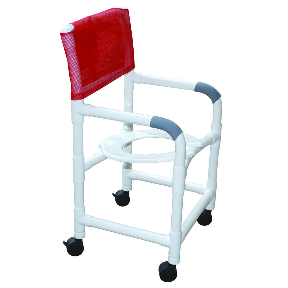 PVC Shower Chair by MJM, 18" Wide with Tilted Seat, 3" Twin Nylon Rust