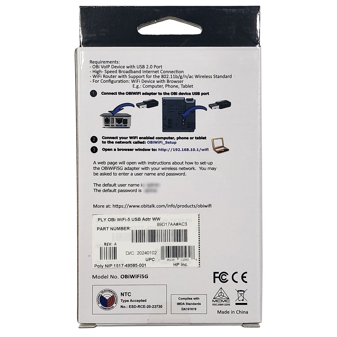 Poly OBiWiFi5G USB Wi-Fi Wireless Adapter (89D17AA#AC3)