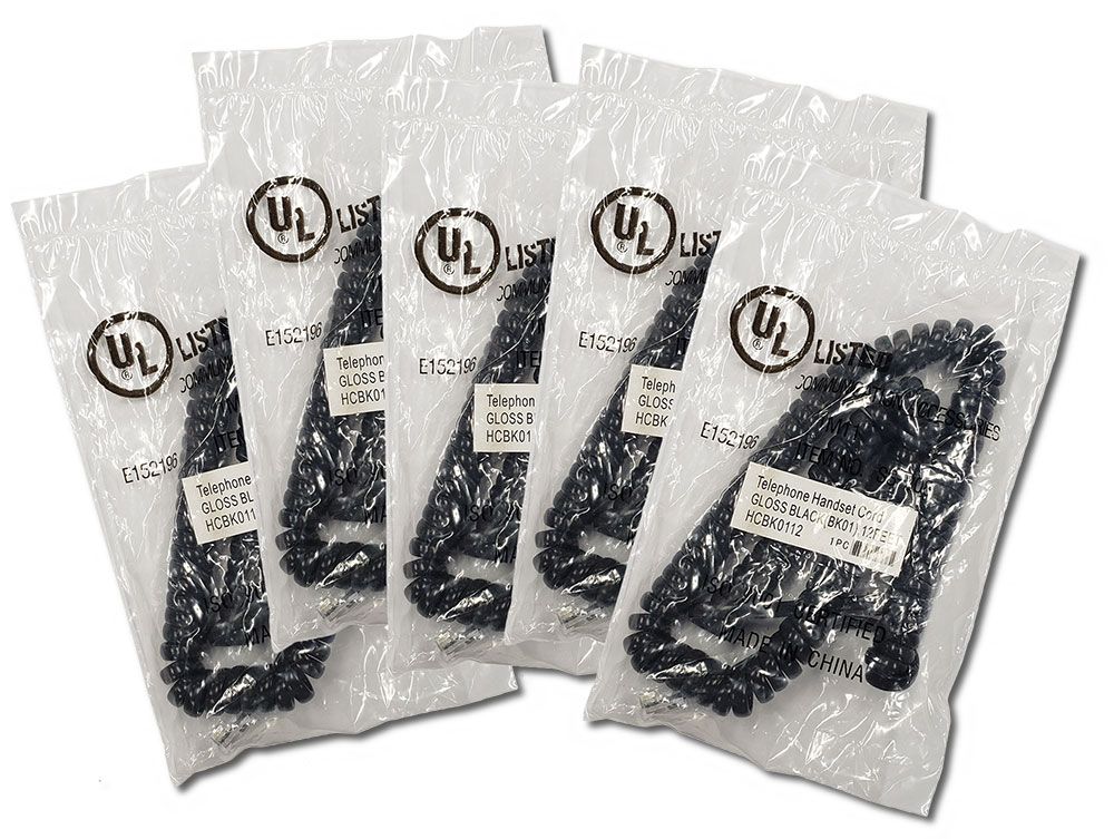 Standard Length Gloss Black Handset Cords (HCBK0112) 5 Pack
