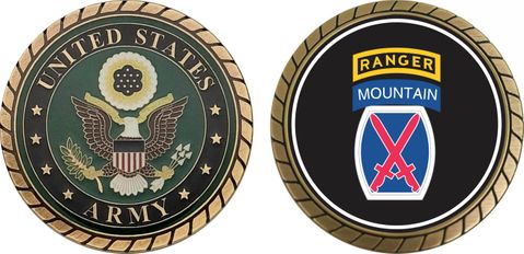U.S. Army 10th Mountain Division with Ranger Tab Sticker Challenge Coin