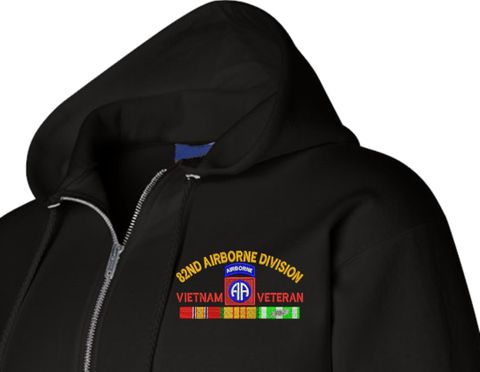 82nd Airborne Division Vietnam Veteran with Ribbons Embroidered Zippered Hoodie