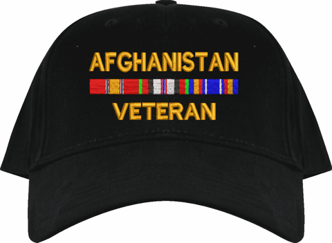 Afghanistan Veteran Ribbons Cap Black Low Profile (Made in USA) Embroidered Cap