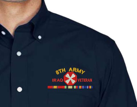 Eighth Army Iraq Veteran with Ribbons Embroidered Dress Shirt
