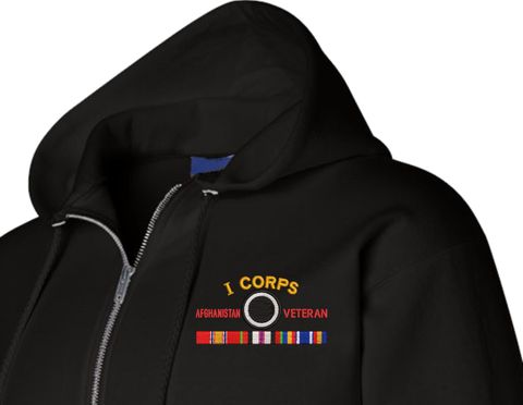 I Corps Afghanistan Veteran with Ribbons Embroidered Zippered Hoodie