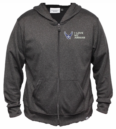 I Love My Airman U.S. Air Force Men's 100% Polyester Heather Grey USA Full-Zip Hoodie