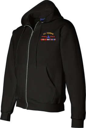 III Corps Afghanistan Veteran with Ribbons Embroidered Zippered Hoodie