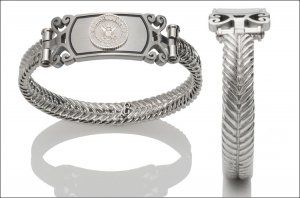 Navy Raised Silver Emblem Stainless Steel Bracelet - Women's