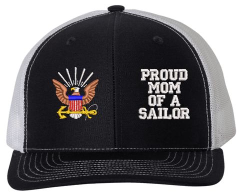 Proud Mom of a Sailor Black Front/White Back Mesh-Back Cap (Made in the USA)