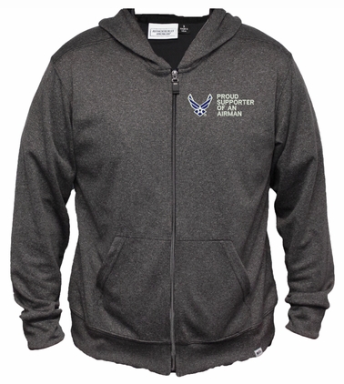 Proud Supporter of an Airman U.S. Air Force Men's 100% Polyester Heather Grey USA Full-Zip Hoodie