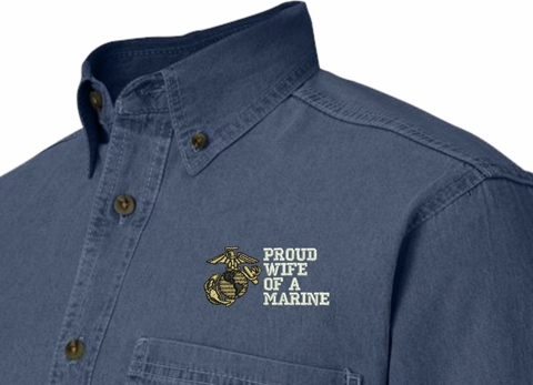 Proud Wife of a Marine U.S. Marine Corps Embroidered Denim Long Sleeve Shirt