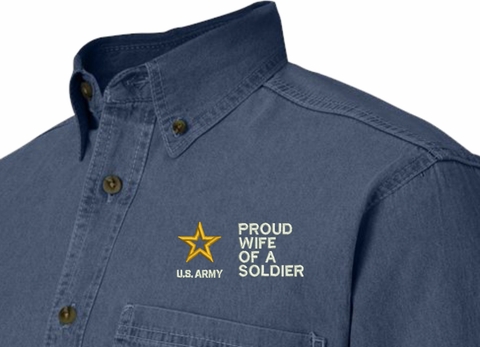Proud Wife of a Soldier U.S. Army Embroidered Denim Long Sleeve Shirt