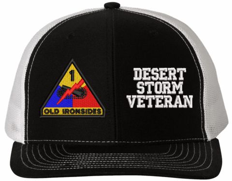U.S. Army 1st Armored Division Desert Storm Veteran Black Front/White Back Mesh Cap (Made in the USA)