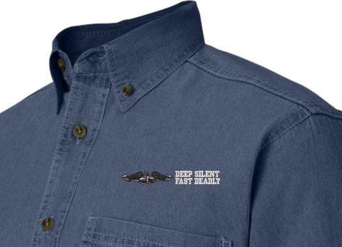U.S. Navy Enlisted Silver Dolphins Deep Silent Fast Deadly Denim Shirt