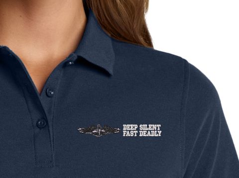 U.S. Navy Enlisted Silver Dolphins Deep Silent Fast Deadly Women's Stain-Release Polo
