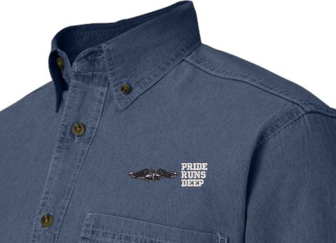 U.S. Navy Enlisted Silver Dolphins Pride Runs Deep Denim Shirt