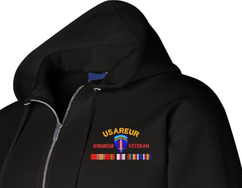 United States Army Europe Afghanistan Veteran with Ribbons Embroidered Zippered Hoodie