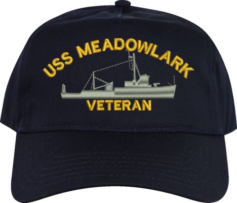 USS Meadowlark Veteran Custom Navy Blue High Profile Cap (Made in the USA) w/American Flag Side Patch and Navy 250th Back Patch and Single Eggs