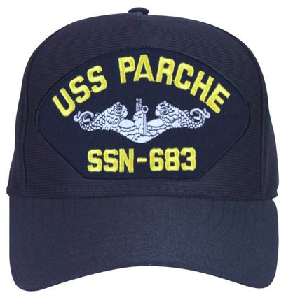 USS Parche SSN-683 (Silver Dolphins) Navy Blue High Profile Poly Cap with Plank Owner Back Text (Made in the USA)