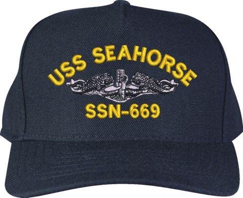 USS Seahorse SSN-669 with Silver Dolphins Navy Blue High Profile Cap (Made in the USA)
