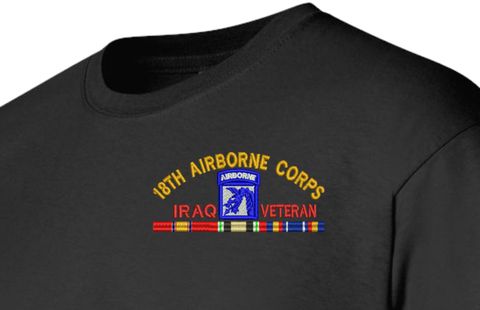 XVIII Airborne Corps Iraq Veteran with Ribbons Embroidered T-Shirt