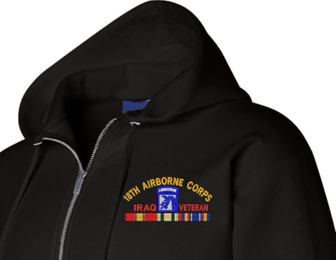 XVIII Airborne Corps Iraq Veteran with Ribbons Embroidered Zippered Hoodie