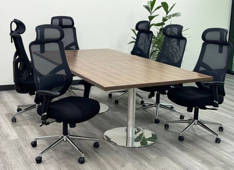 8'x4' Modern Walnut Rectangular Conference Table w/ Six Mesh Back Chairs with Headrests