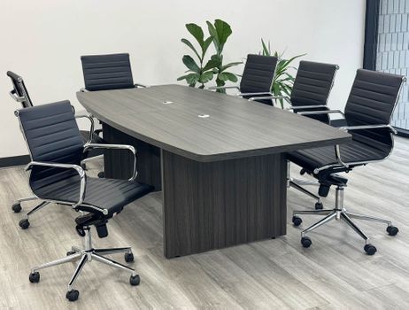 8' Charcoal Boat Shaped Table w/ 6 Black Modern Classic Chairs Set