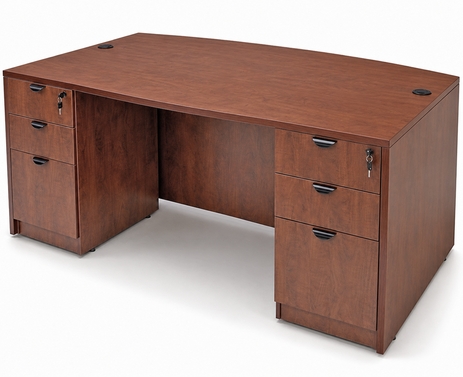 Cherry Laminate Bow Front Desk w/Six Drawers