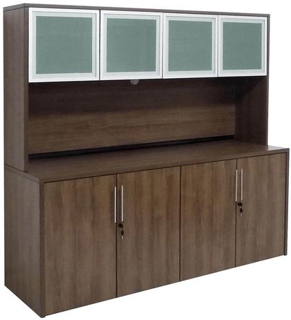 Modern Walnut 4-Door Storage Credenza w/Hutch