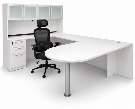 White Peninsula U-Shaped Workstation w/Hutch