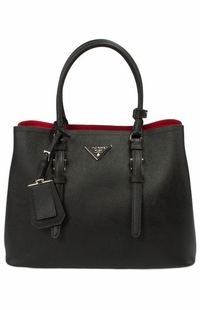 Black with Red Lining Prada Saffiano Cuir Double Medium Tote Bag