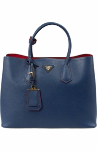 Blue with Red Lining Prada Saffiano Cuir Double Large Tote Bag