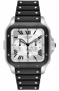 Cartier Santos De Cartier Chronograph Silver Dial Black Rubber Men's Watch WSSA0017