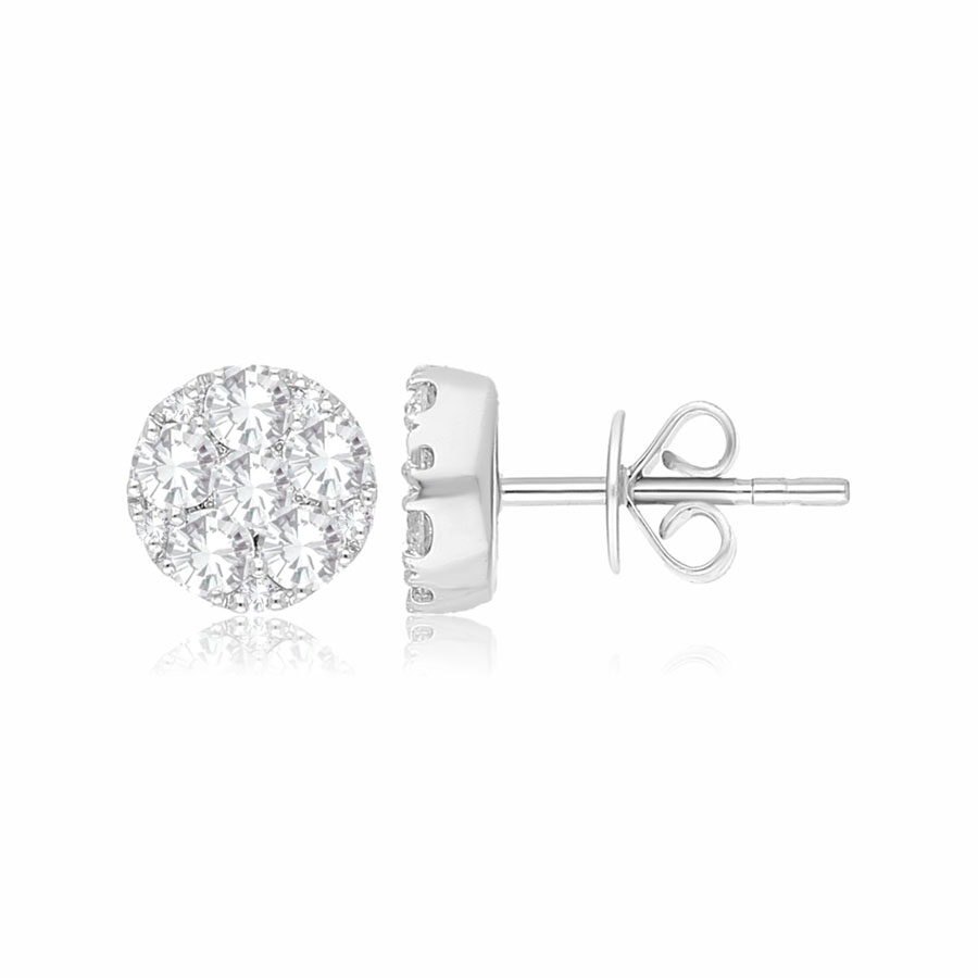 Diamond Cluster Earrings, 1.038 Carat on 14k White Gold