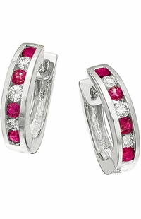 Diamond Earrings,  .19 Carat Round Diamonds .21 Carat Red Rubys on 14K White Gold