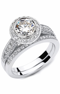 Diamond Wedding Set, Engagement Ring; 1.19 Carat Round Diamond, Band; 16 Round Diamonds both in White Gold