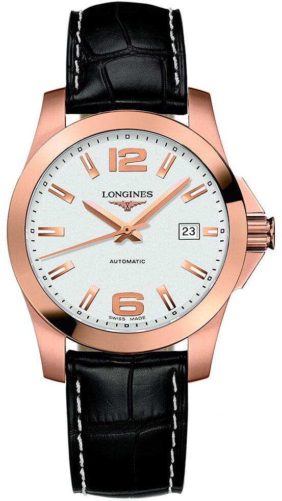 Longines Sport Collection Conquest Mens Black Leather Strap  Watch