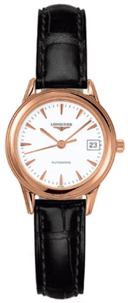 LONGINES レディース腕時計 Flagship 黒革 Ladies Longines Flagship L4.274.8.22.2 White Dial Gold Case Black