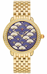 Michele Serein Mid Fan Patterned White & Blue Diamond Dial Ladies Fashion Watch MWW21B000102