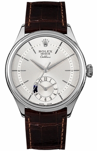 Rolex Cellini Dual Time Silver Dial Brown Strap Men's Watch 50529
