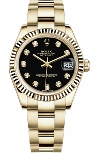 Rolex Datejust 31 Black Diamond Solid Gold Watch 178278-0026